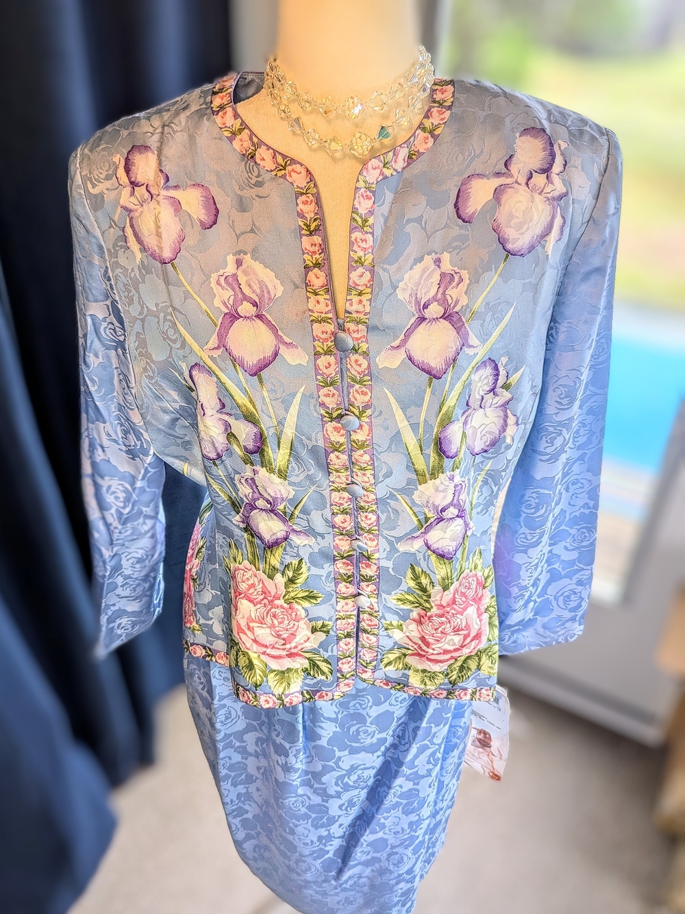 1980s Vintage Adrianna Papell Blue Floral Silk Jacquard Dress
